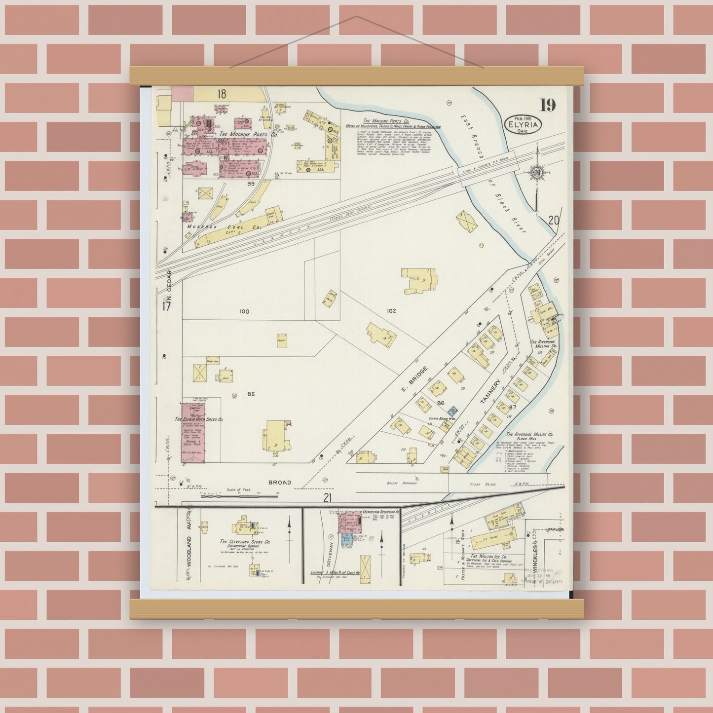 Old map wall art mockup — magnetic wood frame on brick wall — Sanborn Fire Insurance Map from Elyria, Lorain County, Ohio (1915), Sheet #0019