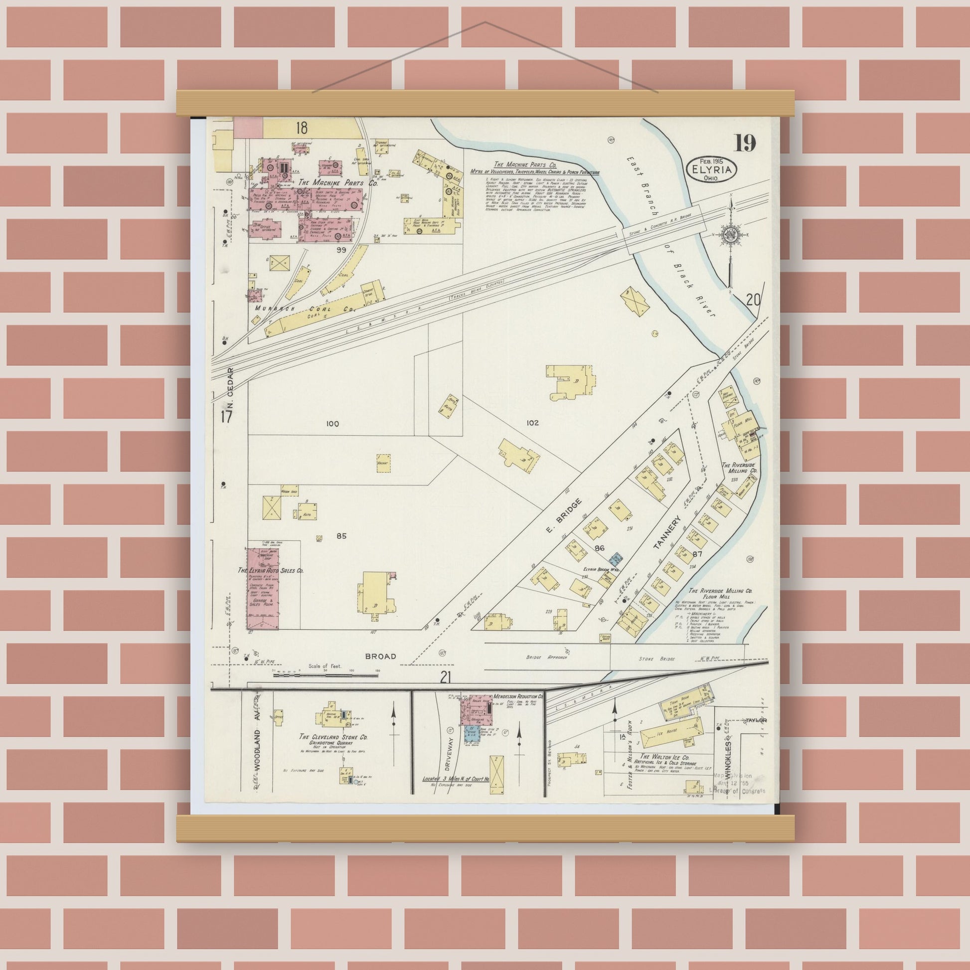 Old map wall art mockup — magnetic wood frame on brick wall — Sanborn Fire Insurance Map from Elyria, Lorain County, Ohio (1915), Sheet #0019