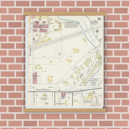 Old map wall art mockup — magnetic wood frame on brick wall — Sanborn Fire Insurance Map from Elyria, Lorain County, Ohio (1915), Sheet #0019