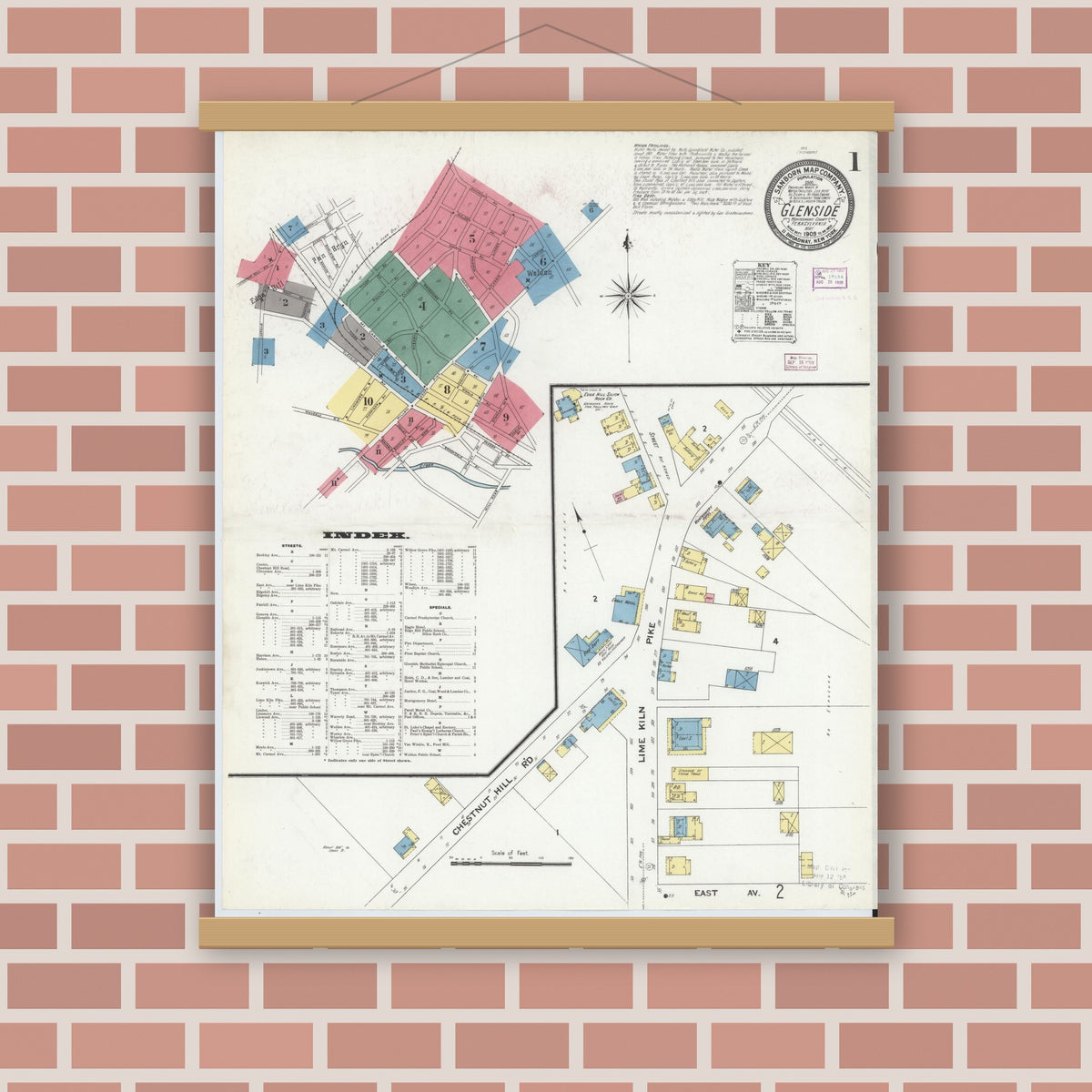 Old map wall art mockup — magnetic wood frame on brick wall — Sanborn Fire Insurance Map from Glenside, Montgomery County, Pennsylvania (1909) - Complete Map Set