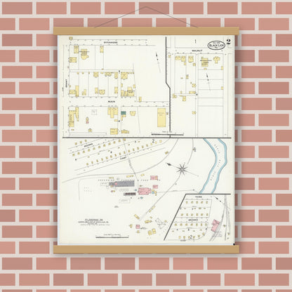 Old map wall art mockup — magnetic wood frame on brick wall — Sanborn Fire Insurance Map from Black Lick, Indiana County, Pennsylvania (1909), Sheet #0002
