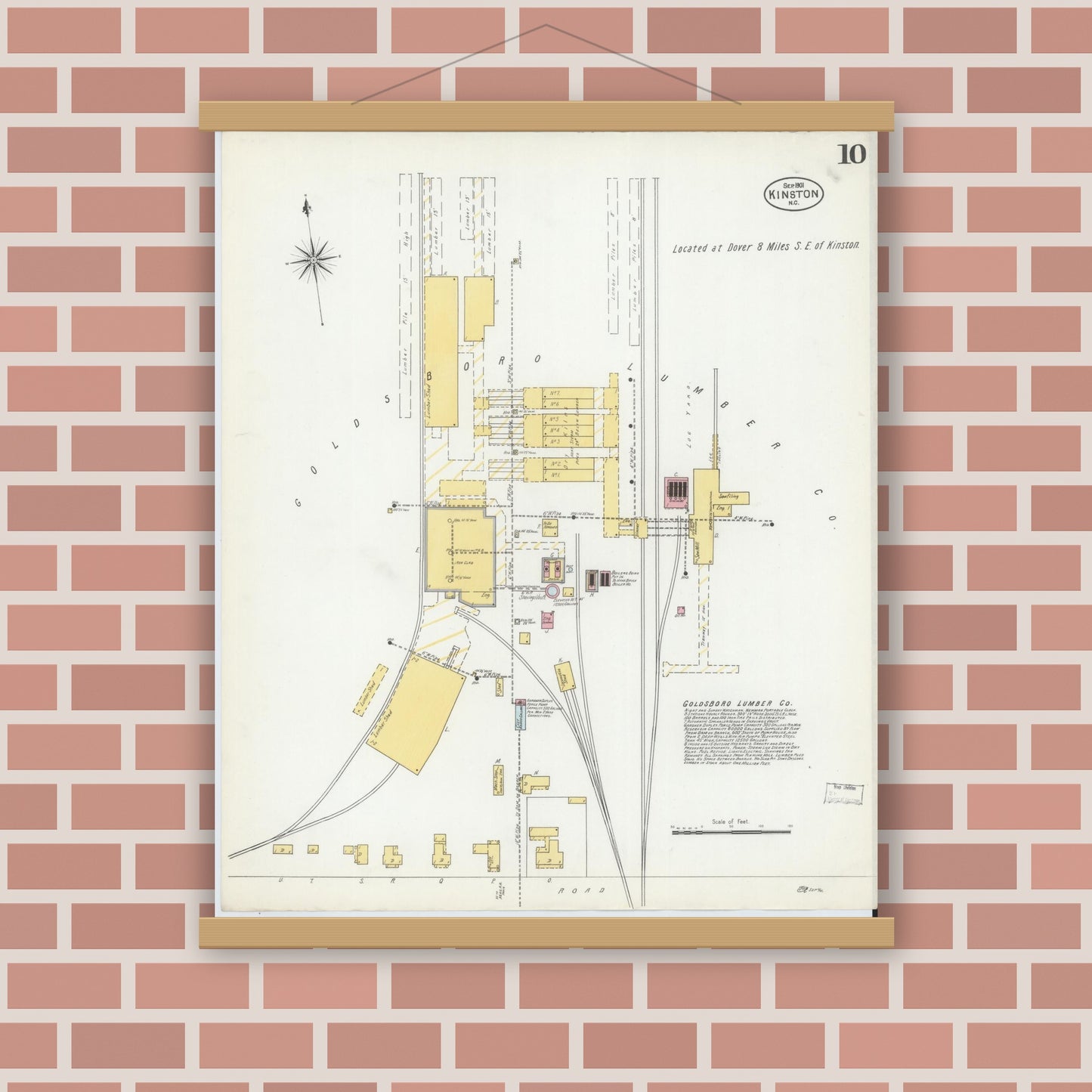 Old map wall art mockup — magnetic wood frame on brick wall — Sanborn Fire Insurance Map from Kinston, Lenoir County, North Carolina (1901), Sheet #0010