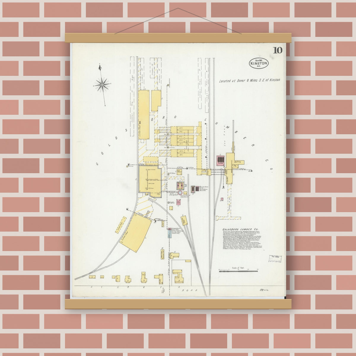 Old map wall art mockup — magnetic wood frame on brick wall — Sanborn Fire Insurance Map from Kinston, Lenoir County, North Carolina (1901), Sheet #0010