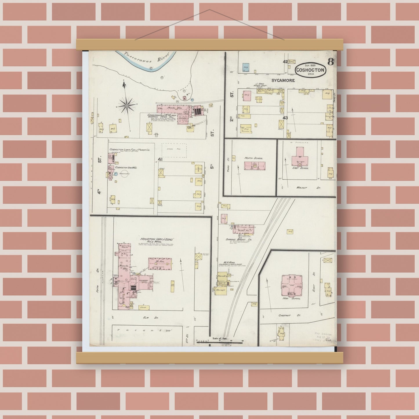 Old map wall art mockup — magnetic wood frame on brick wall — Sanborn Fire Insurance Map from Coshocton, Coshocton County, Ohio (1889), Sheet #0008