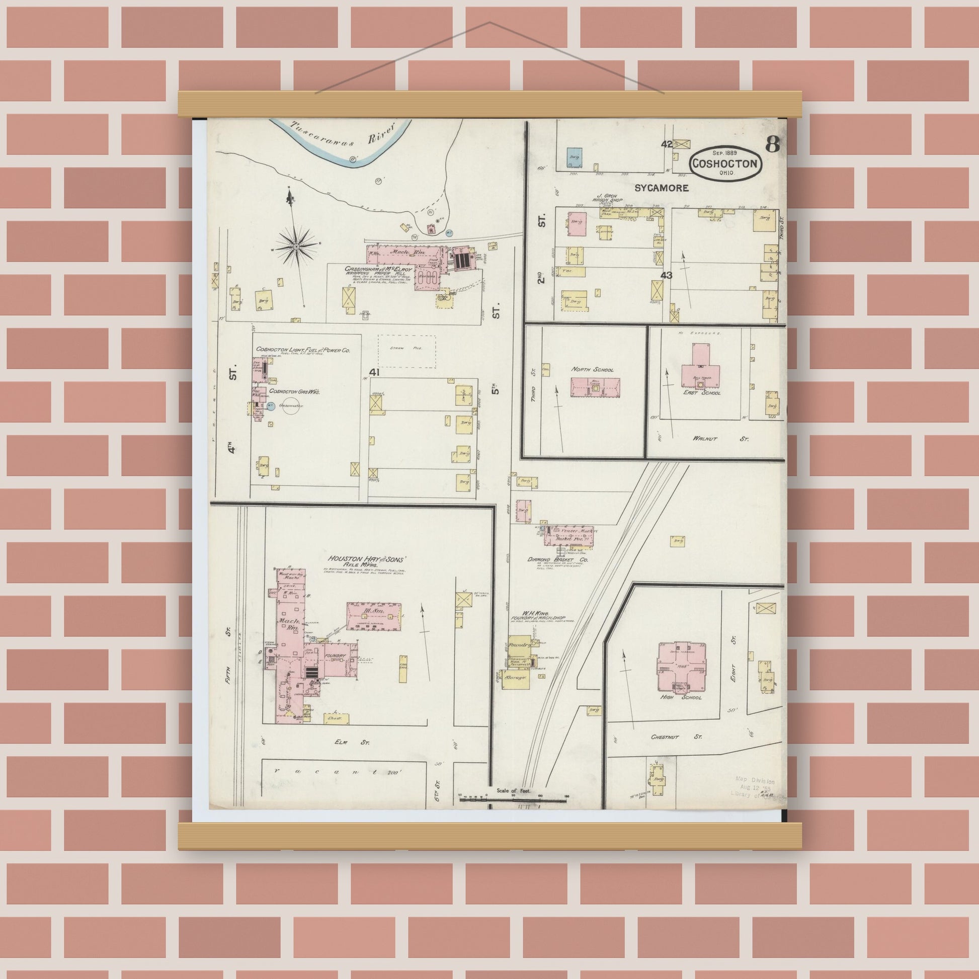 Old map wall art mockup — magnetic wood frame on brick wall — Sanborn Fire Insurance Map from Coshocton, Coshocton County, Ohio (1889), Sheet #0008