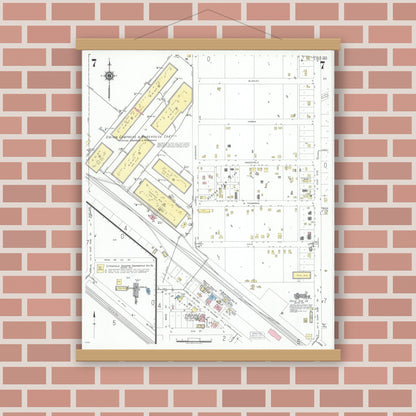 Old map wall art mockup — magnetic wood frame on brick wall — Sanborn Fire Insurance Map from Littlefield, Lamb County, Texas (1950), Sheet #0007