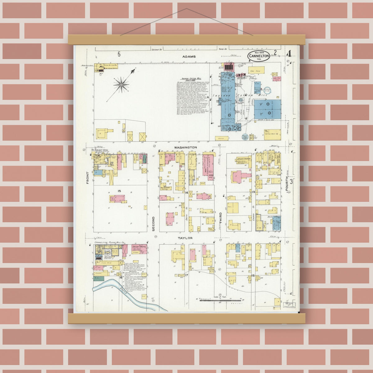Old map wall art mockup — magnetic wood frame on brick wall — Sanborn Fire Insurance Map from Cannelton, Perry County, Indiana (1909), Sheet #0004