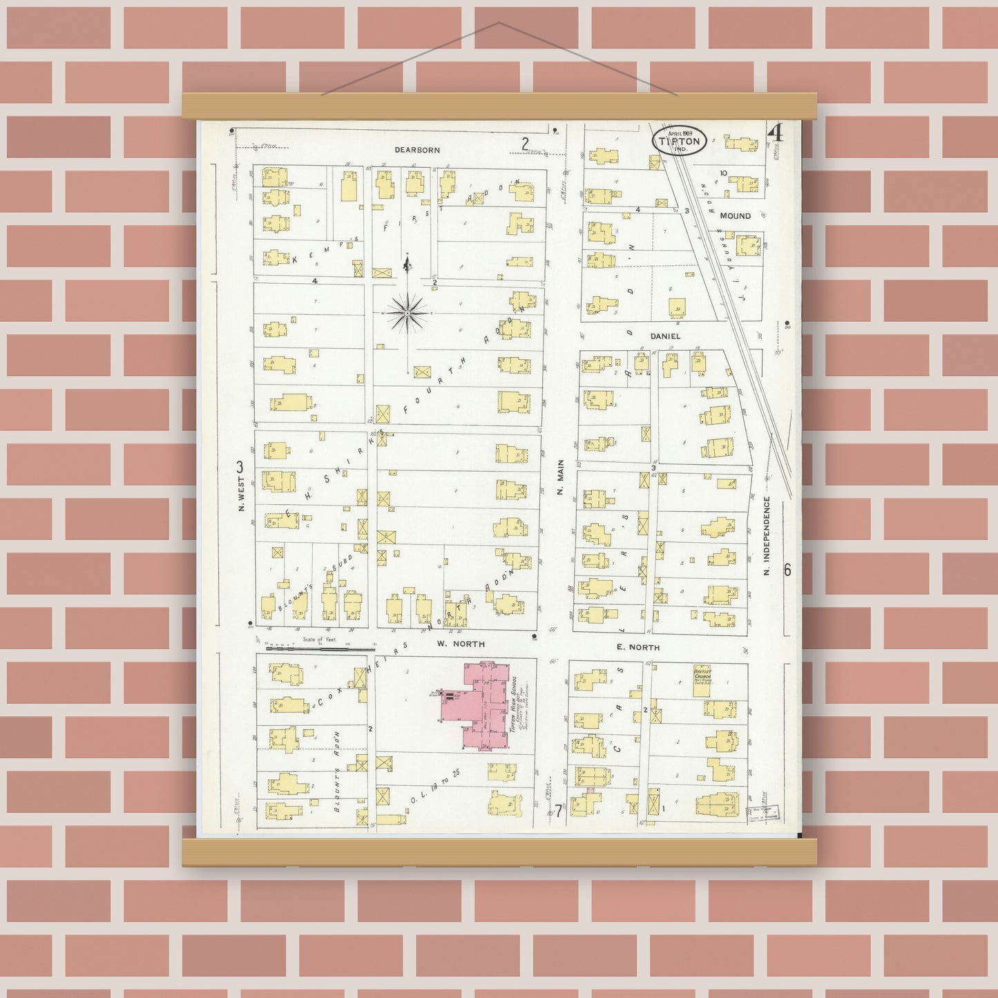 Old map wall art mockup — magnetic wood frame on brick wall — Sanborn Fire Insurance Map from Tipton, Tipton County, Indiana (1909), Sheet #0004