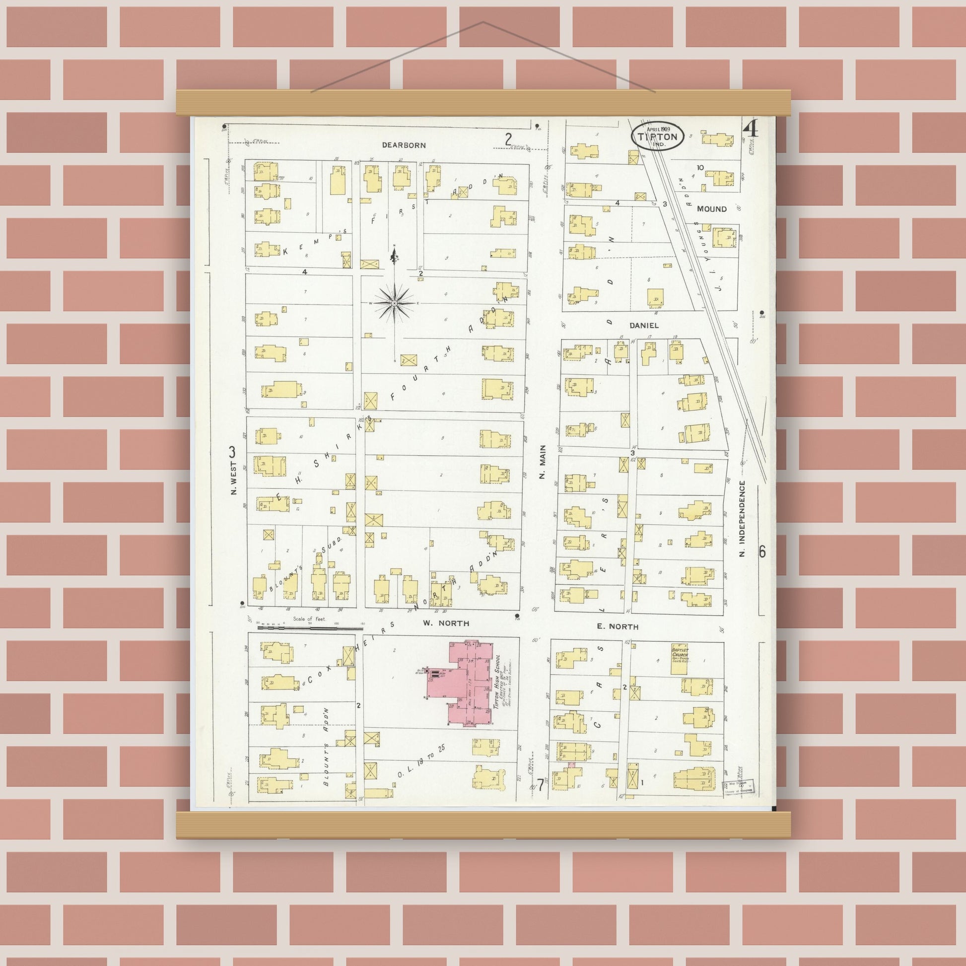 Old map wall art mockup — magnetic wood frame on brick wall — Sanborn Fire Insurance Map from Tipton, Tipton County, Indiana (1909), Sheet #0004