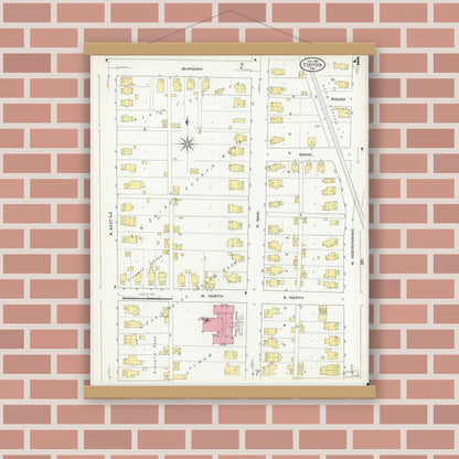 Old map wall art mockup — magnetic wood frame on brick wall — Sanborn Fire Insurance Map from Tipton, Tipton County, Indiana (1909), Sheet #0004