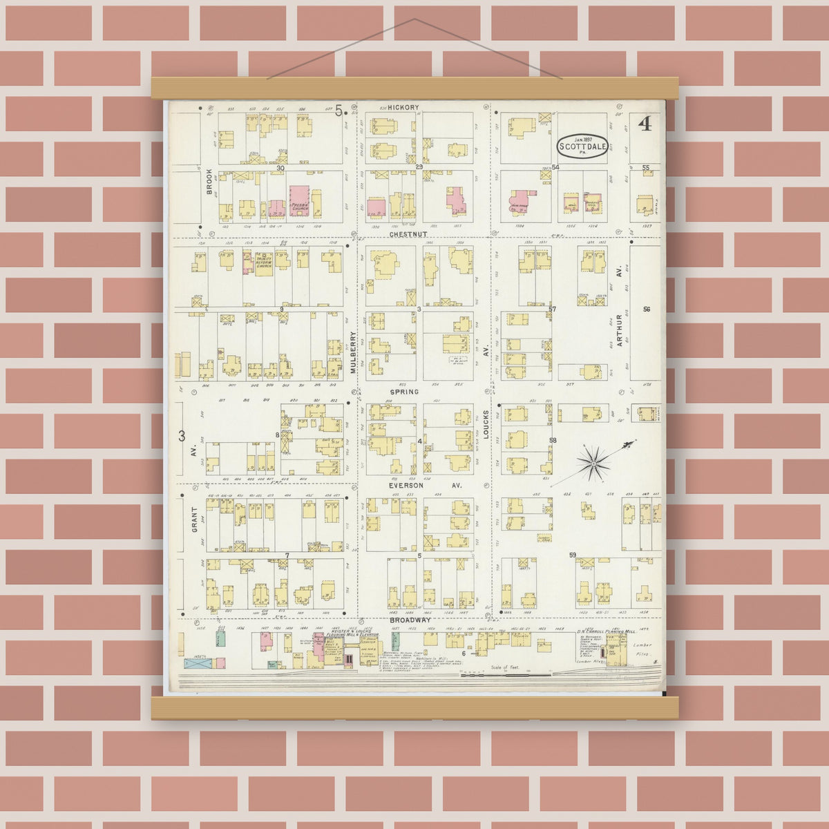 Old map wall art mockup — magnetic wood frame on brick wall — Sanborn Fire Insurance Map from Scottdale, Westmoreland County, Pennsylvania (1897), Sheet #0004