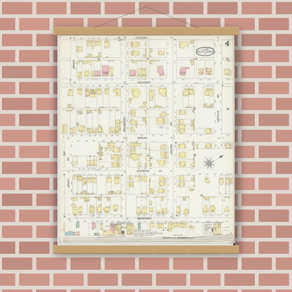 Old map wall art mockup — magnetic wood frame on brick wall — Sanborn Fire Insurance Map from Scottdale, Westmoreland County, Pennsylvania (1897), Sheet #0004