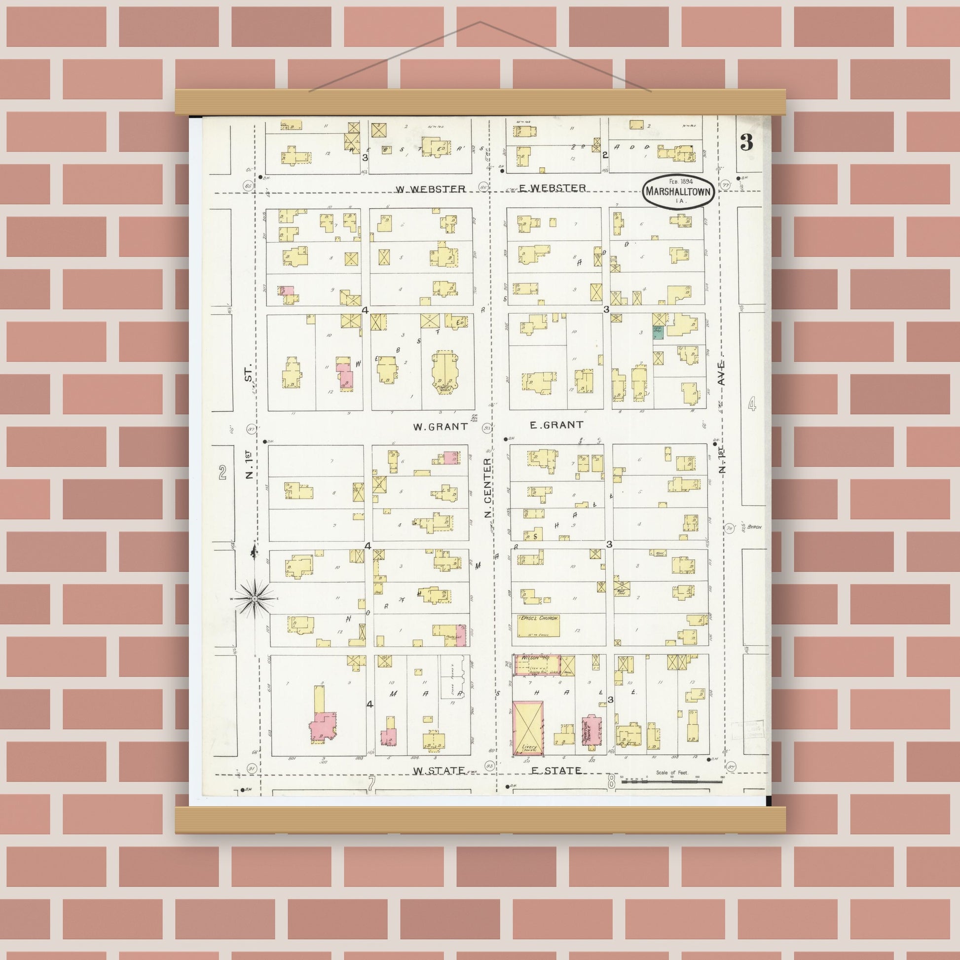 Old map wall art mockup — magnetic wood frame on brick wall — Sanborn Fire Insurance Map from Marshalltown, Marshall County, Iowa (1894), Sheet #0003
