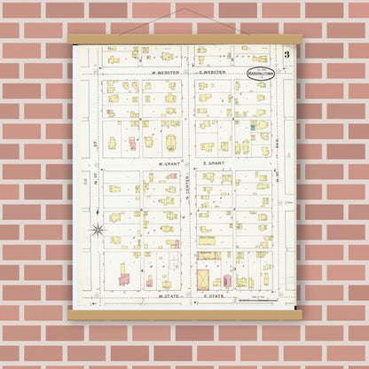 Old map wall art mockup — magnetic wood frame on brick wall — Sanborn Fire Insurance Map from Marshalltown, Marshall County, Iowa (1894), Sheet #0003