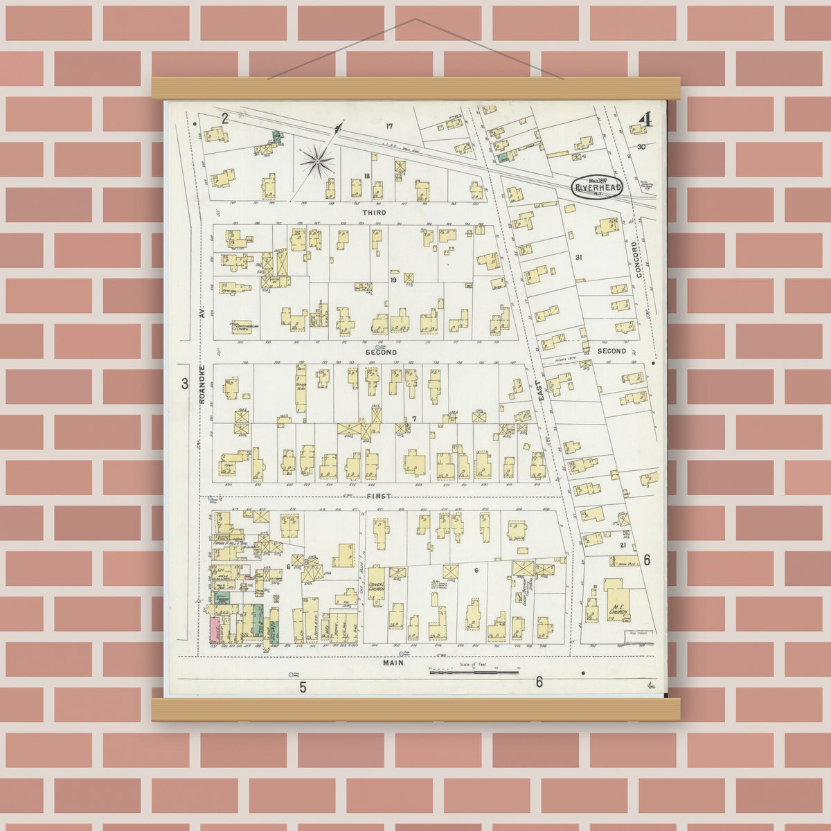 Old map wall art mockup — magnetic wood frame on brick wall — Sanborn Fire Insurance Map from Riverhead, Suffolk County, New York (1897), Sheet #0004