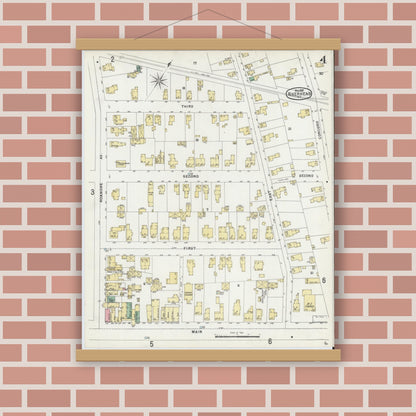 Old map wall art mockup — magnetic wood frame on brick wall — Sanborn Fire Insurance Map from Riverhead, Suffolk County, New York (1897), Sheet #0004