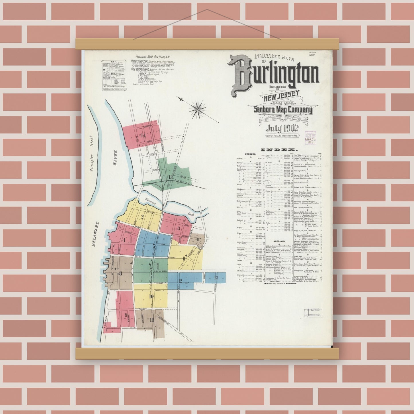 Old map wall art mockup — magnetic wood frame on brick wall — Sanborn Fire Insurance Map from Burlington, Burlington County, New Jersey (1902), Sheet #0001