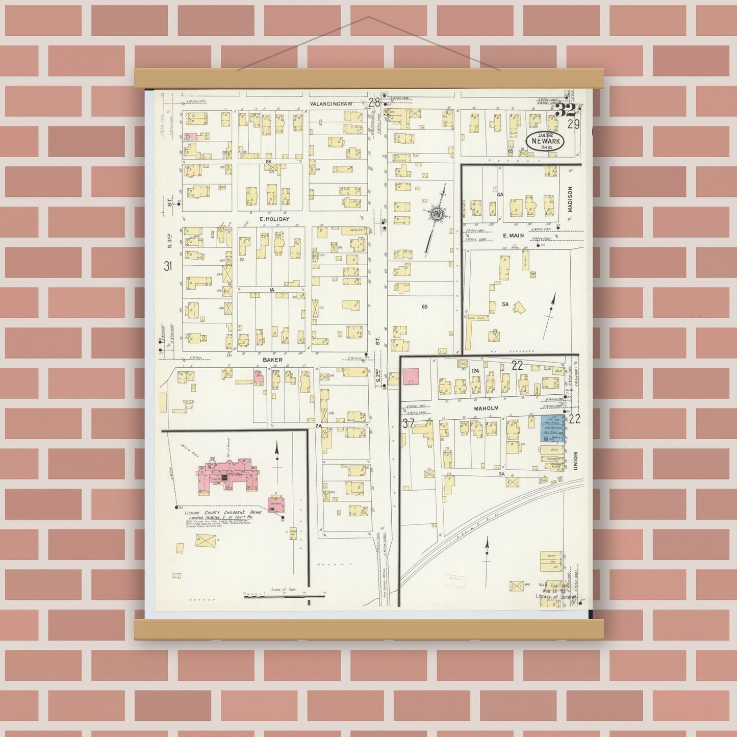 Old map wall art mockup — magnetic wood frame on brick wall — Sanborn Fire Insurance Map from Newark, Licking County, Ohio (1912), Sheet #0032