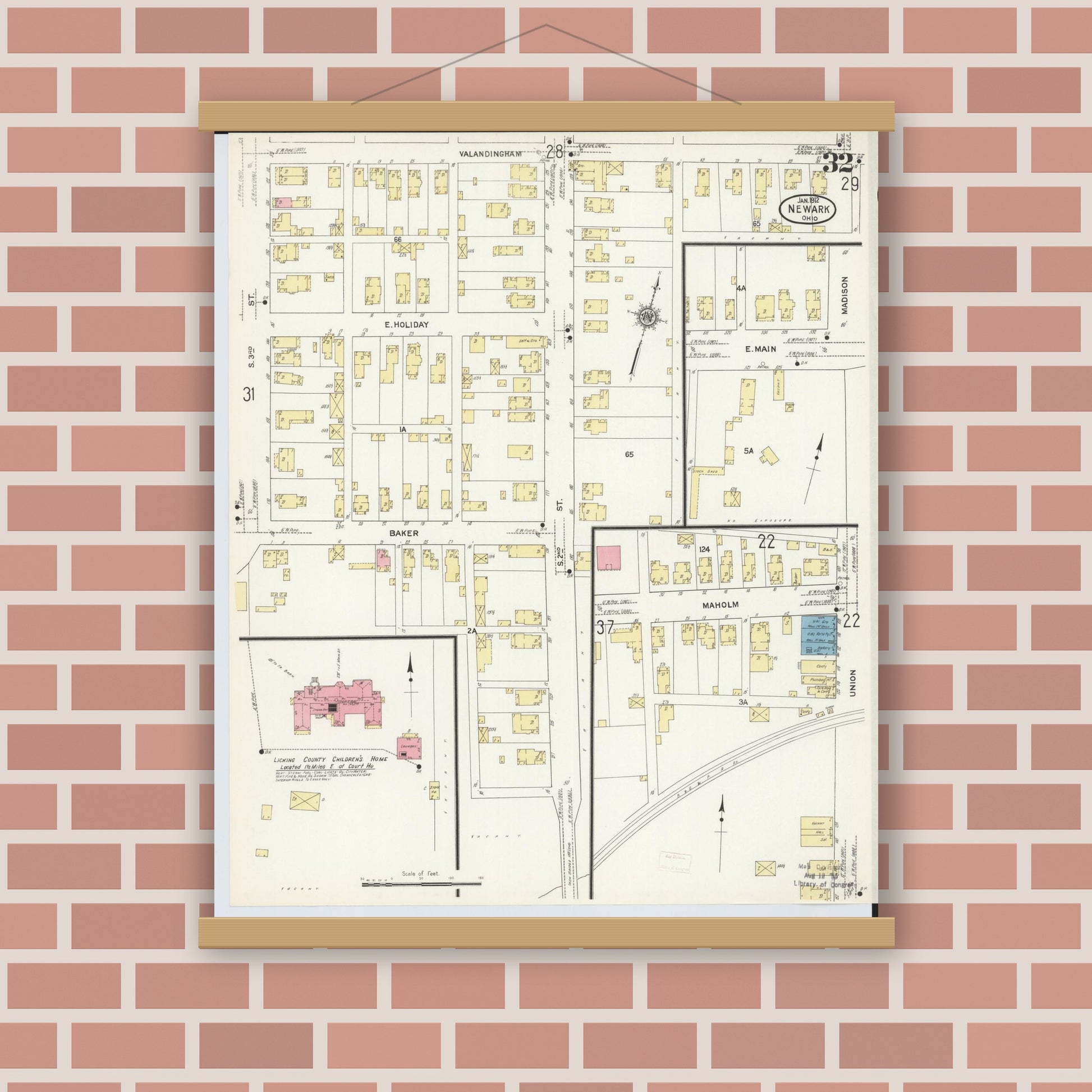 Old map wall art mockup — magnetic wood frame on brick wall — Sanborn Fire Insurance Map from Newark, Licking County, Ohio (1912), Sheet #0032