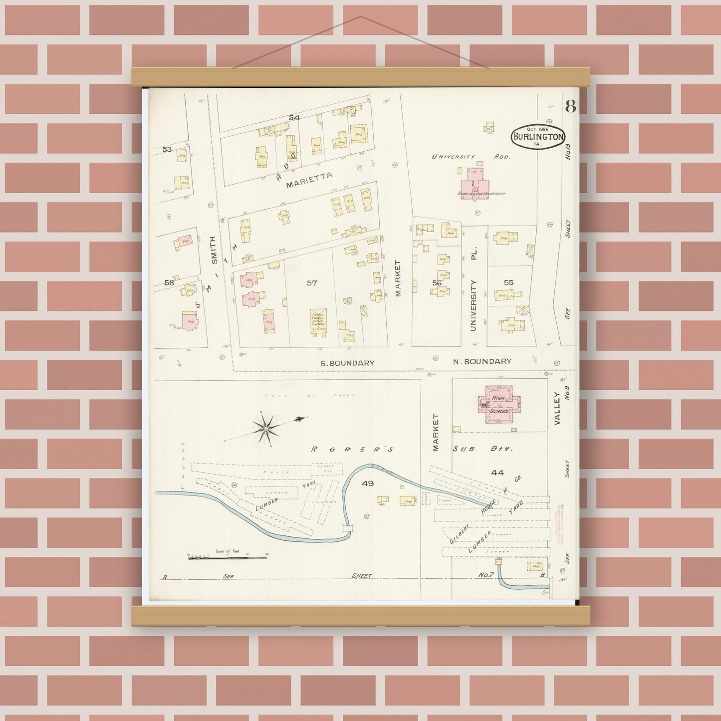 Old map wall art mockup — magnetic wood frame on brick wall — Sanborn Fire Insurance Map from Burlington, Des Moines County, Iowa (1888), Sheet #0008
