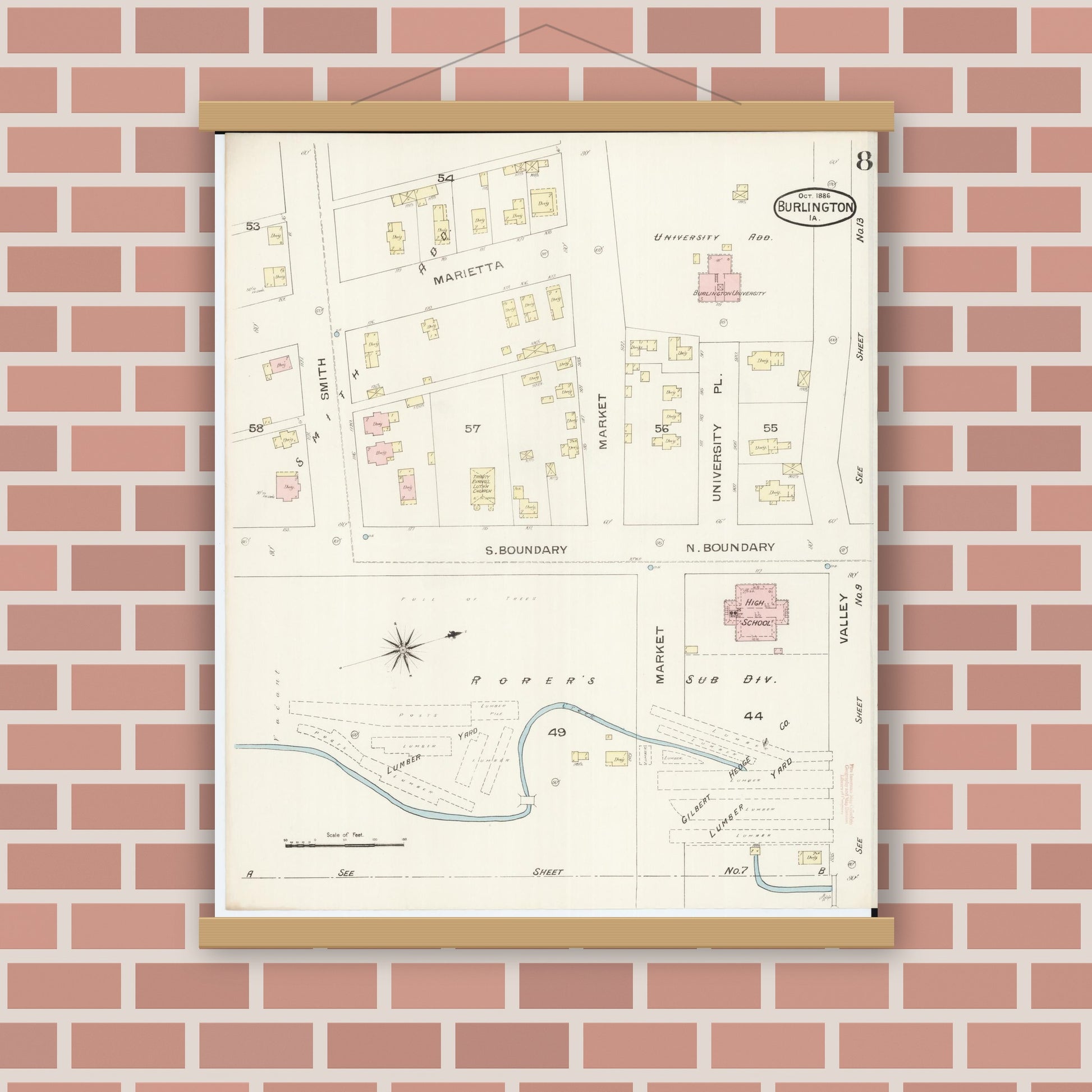 Old map wall art mockup — magnetic wood frame on brick wall — Sanborn Fire Insurance Map from Burlington, Des Moines County, Iowa (1888), Sheet #0008