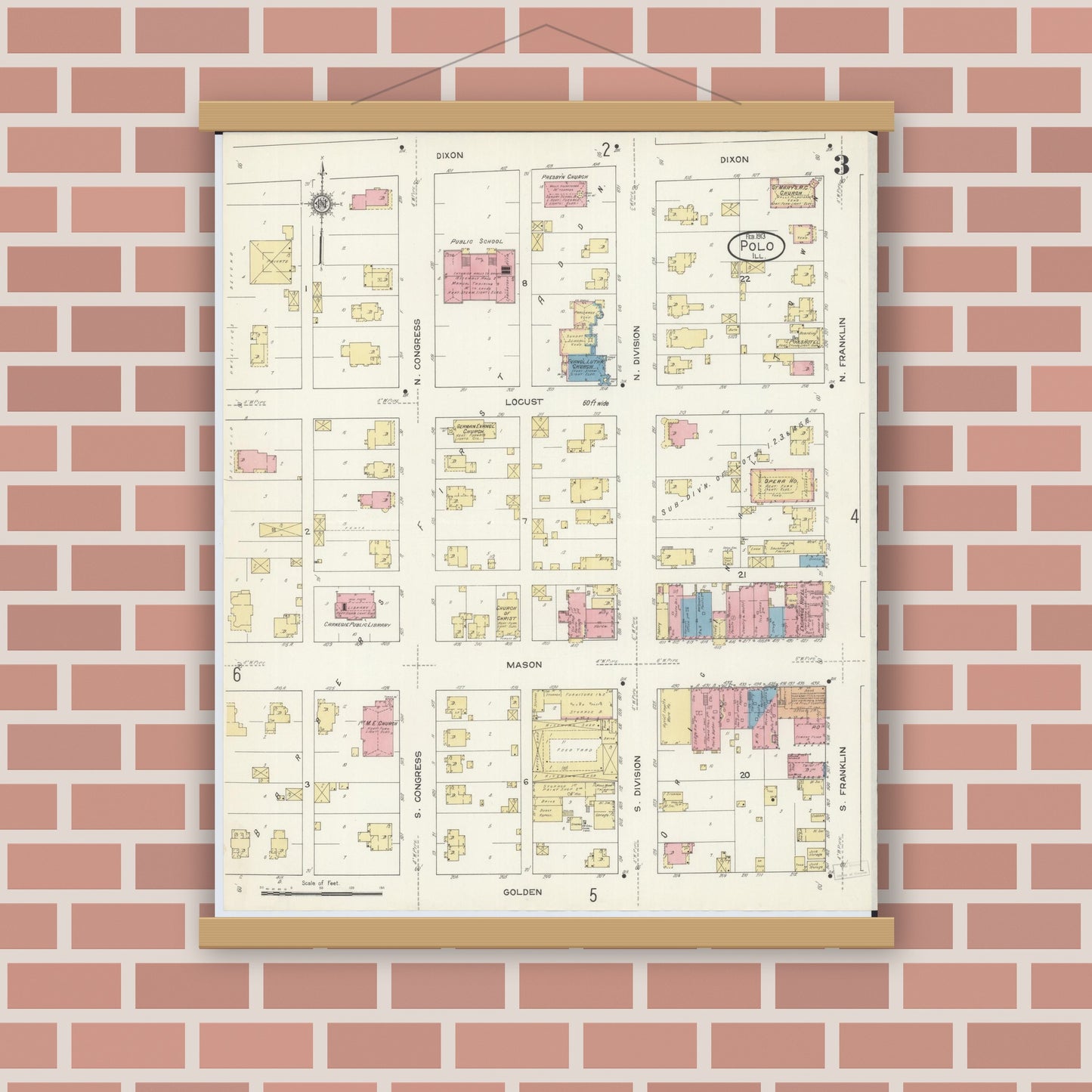 Old map wall art mockup — magnetic wood frame on brick wall — Sanborn Fire Insurance Map from Polo, Ogle County, Illinois (1913), Sheet #0003