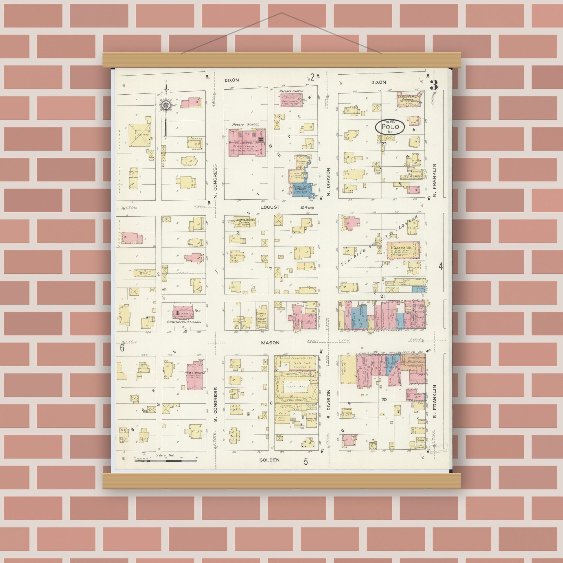Old map wall art mockup — magnetic wood frame on brick wall — Sanborn Fire Insurance Map from Polo, Ogle County, Illinois (1913), Sheet #0003