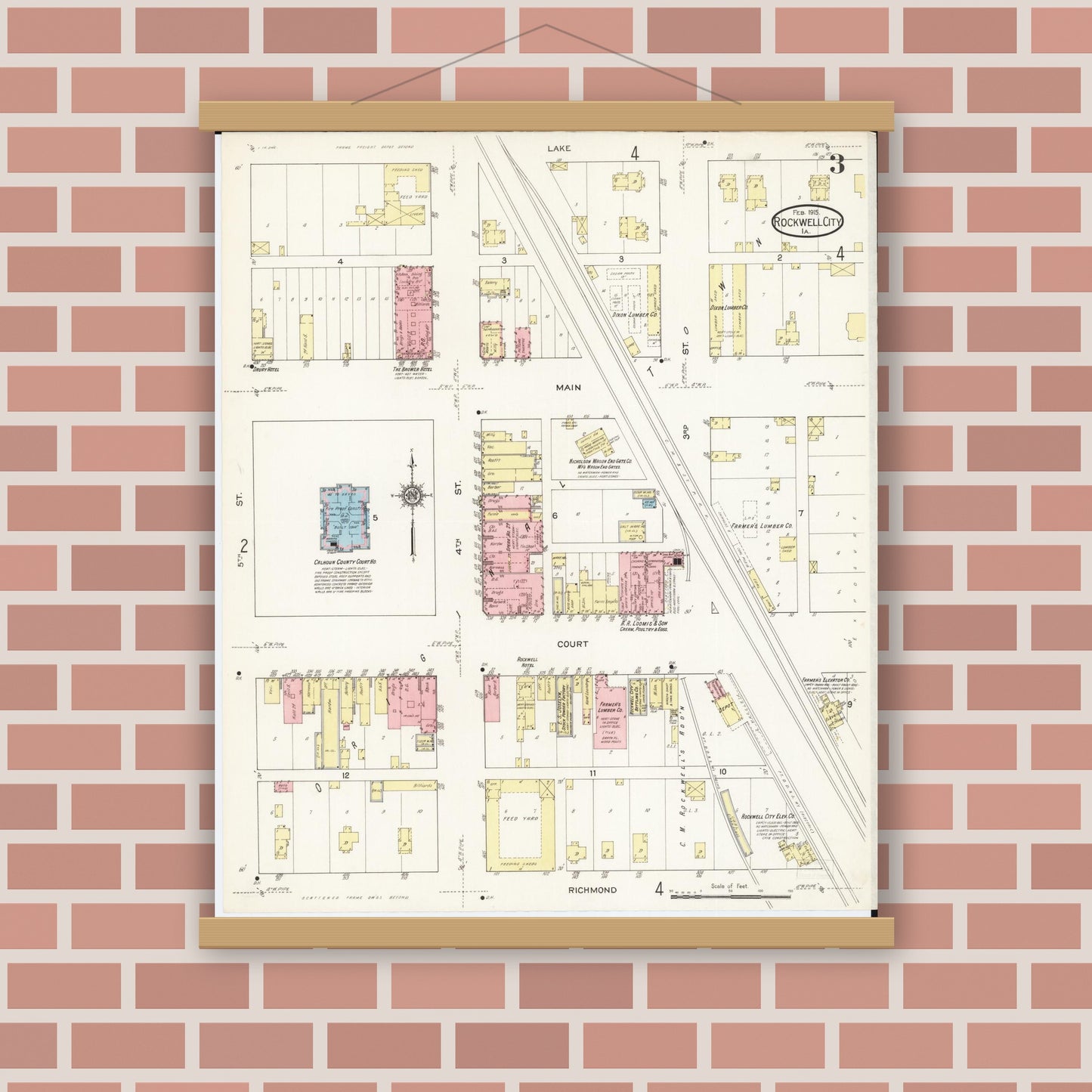 Old map wall art mockup — magnetic wood frame on brick wall — Sanborn Fire Insurance Map from Rockwell City, Calhoun County, Iowa (1915), Sheet #0003