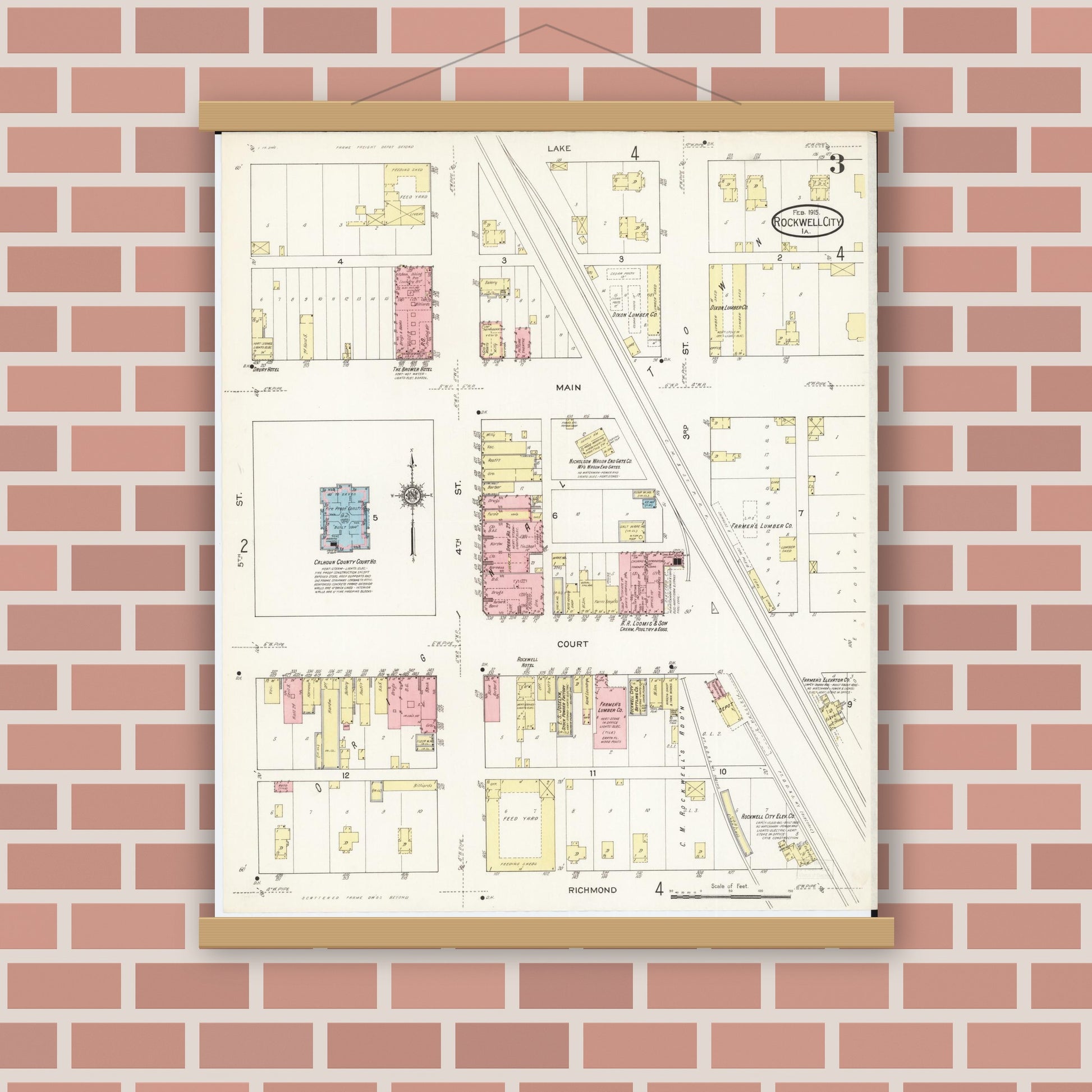 Old map wall art mockup — magnetic wood frame on brick wall — Sanborn Fire Insurance Map from Rockwell City, Calhoun County, Iowa (1915), Sheet #0003
