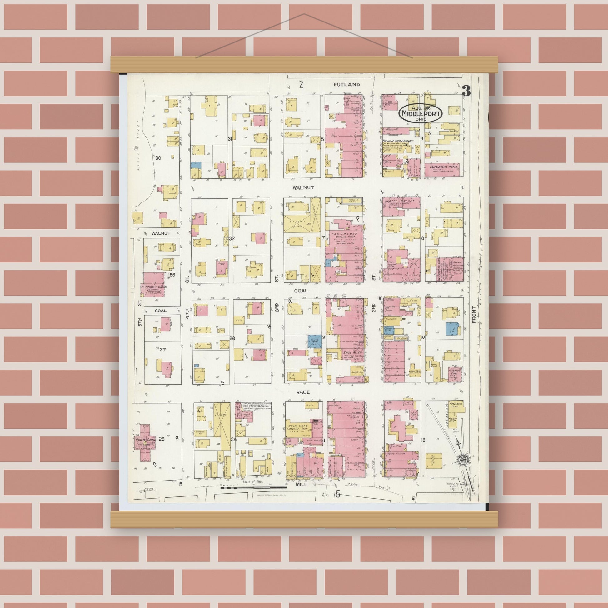 Old map wall art mockup — magnetic wood frame on brick wall — Sanborn Fire Insurance Map from Middleport, Meigs County, Ohio (1916), Sheet #0003
