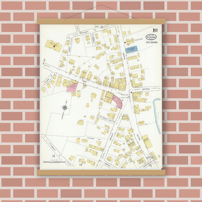 Old map wall art mockup — magnetic wood frame on brick wall — Sanborn Fire Insurance Map from Dedham, Norfolk County, Massachusetts (1917), Sheet #0010