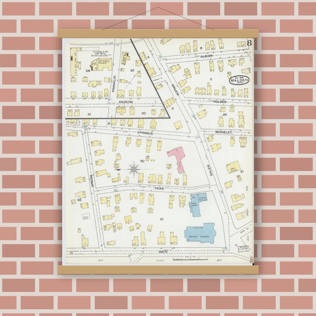Old map wall art mockup — magnetic wood frame on brick wall — Sanborn Fire Insurance Map from Malden, Middlesex County, Massachusetts (1892), Sheet #0008