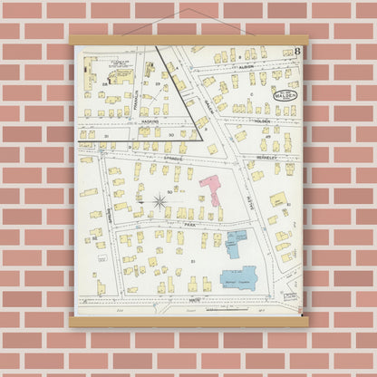 Old map wall art mockup — magnetic wood frame on brick wall — Sanborn Fire Insurance Map from Malden, Middlesex County, Massachusetts (1892), Sheet #0008