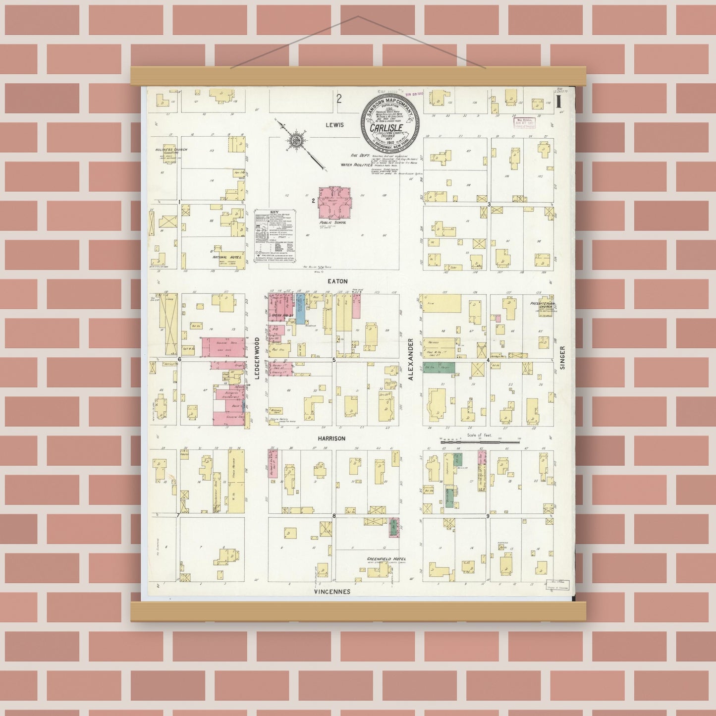 Old map wall art mockup — magnetic wood frame on brick wall — Sanborn Fire Insurance Map from Carlisle, Sullivan County, Indiana (1910) - Complete Map Set