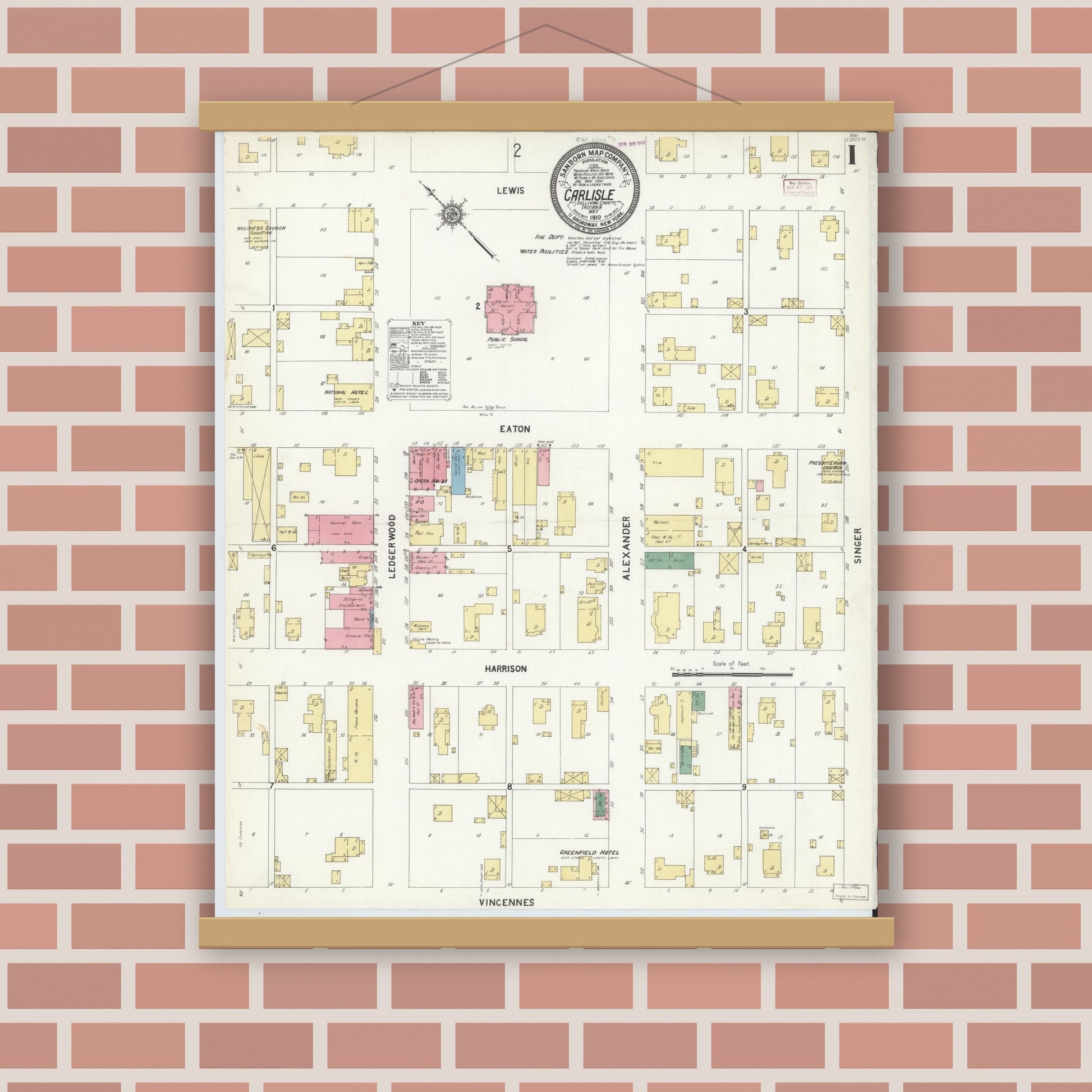 Old map wall art mockup — magnetic wood frame on brick wall — Sanborn Fire Insurance Map from Carlisle, Sullivan County, Indiana (1910) - Complete Map Set
