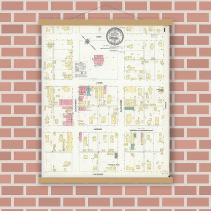 Old map wall art mockup — magnetic wood frame on brick wall — Sanborn Fire Insurance Map from Carlisle, Sullivan County, Indiana (1910) - Complete Map Set