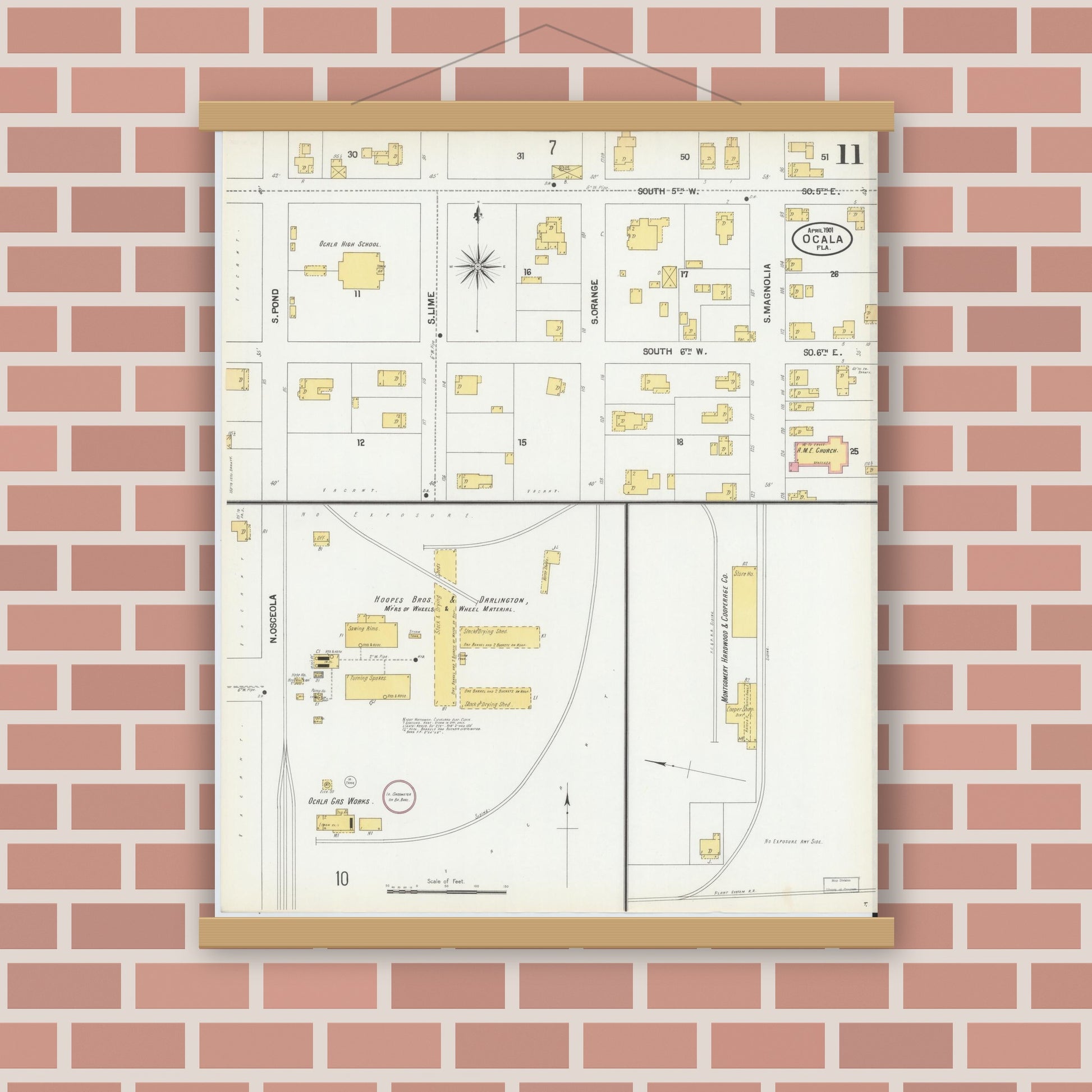Old map wall art mockup — magnetic wood frame on brick wall — Sanborn Fire Insurance Map from Ocala, Marion County, Florida (1901), Sheet #0011