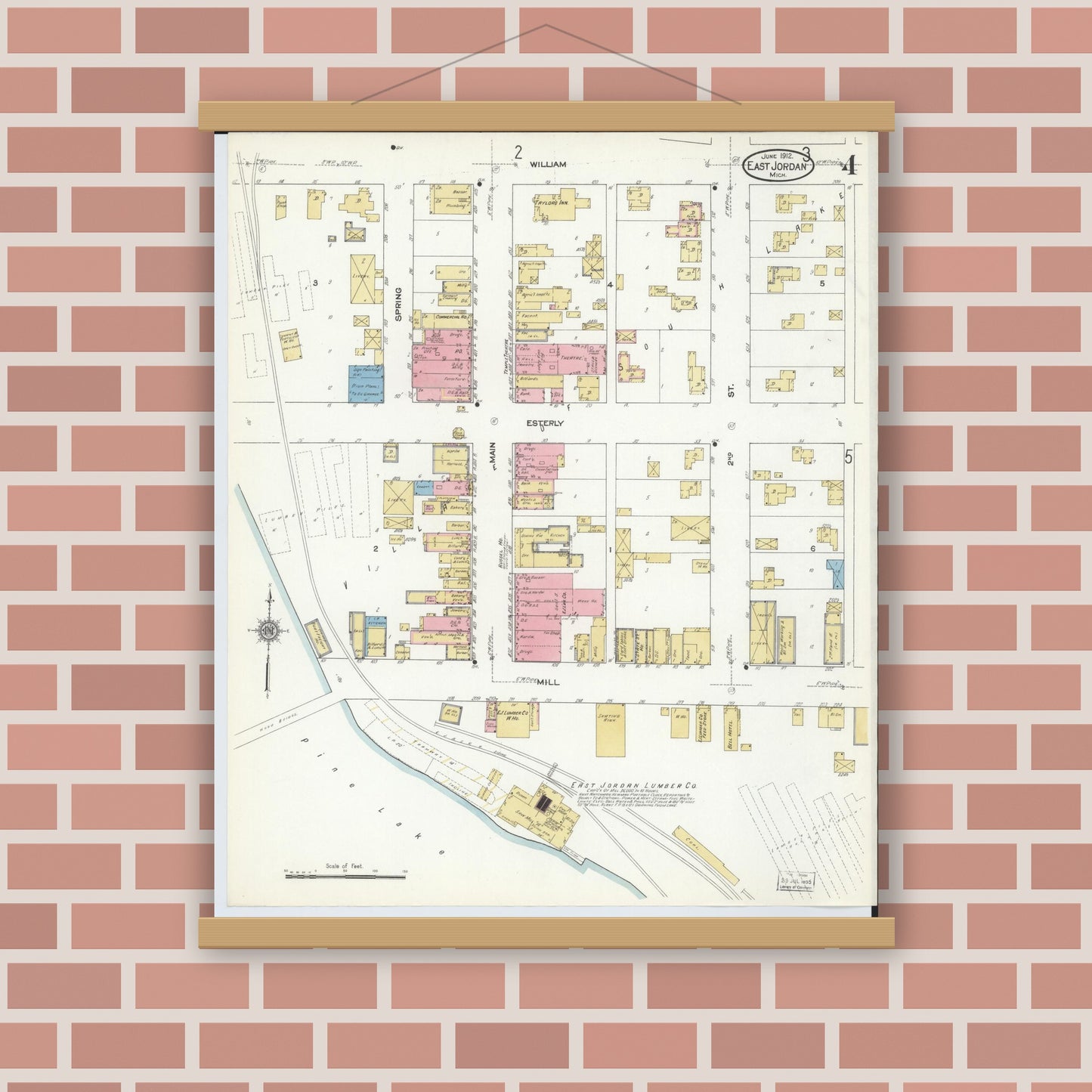 Old map wall art mockup — magnetic wood frame on brick wall — Sanborn Fire Insurance Map from East Jordan, Charlevoix County, Michigan (1912), Sheet #0004
