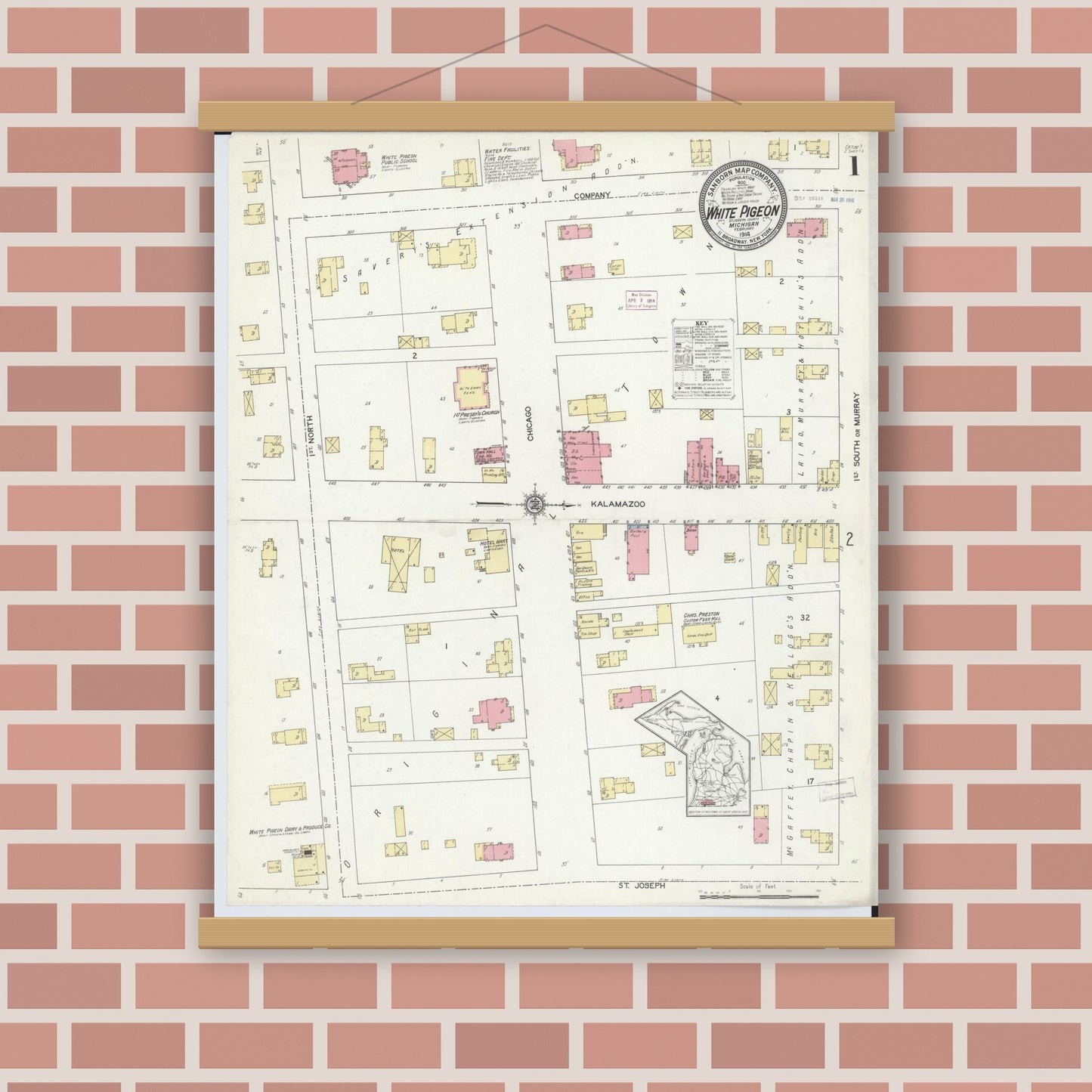 Old map wall art mockup — magnetic wood frame on brick wall — Sanborn Fire Insurance Map from White Pigeon, Saint Joseph County, Michigan (1914) - Complete Map Set