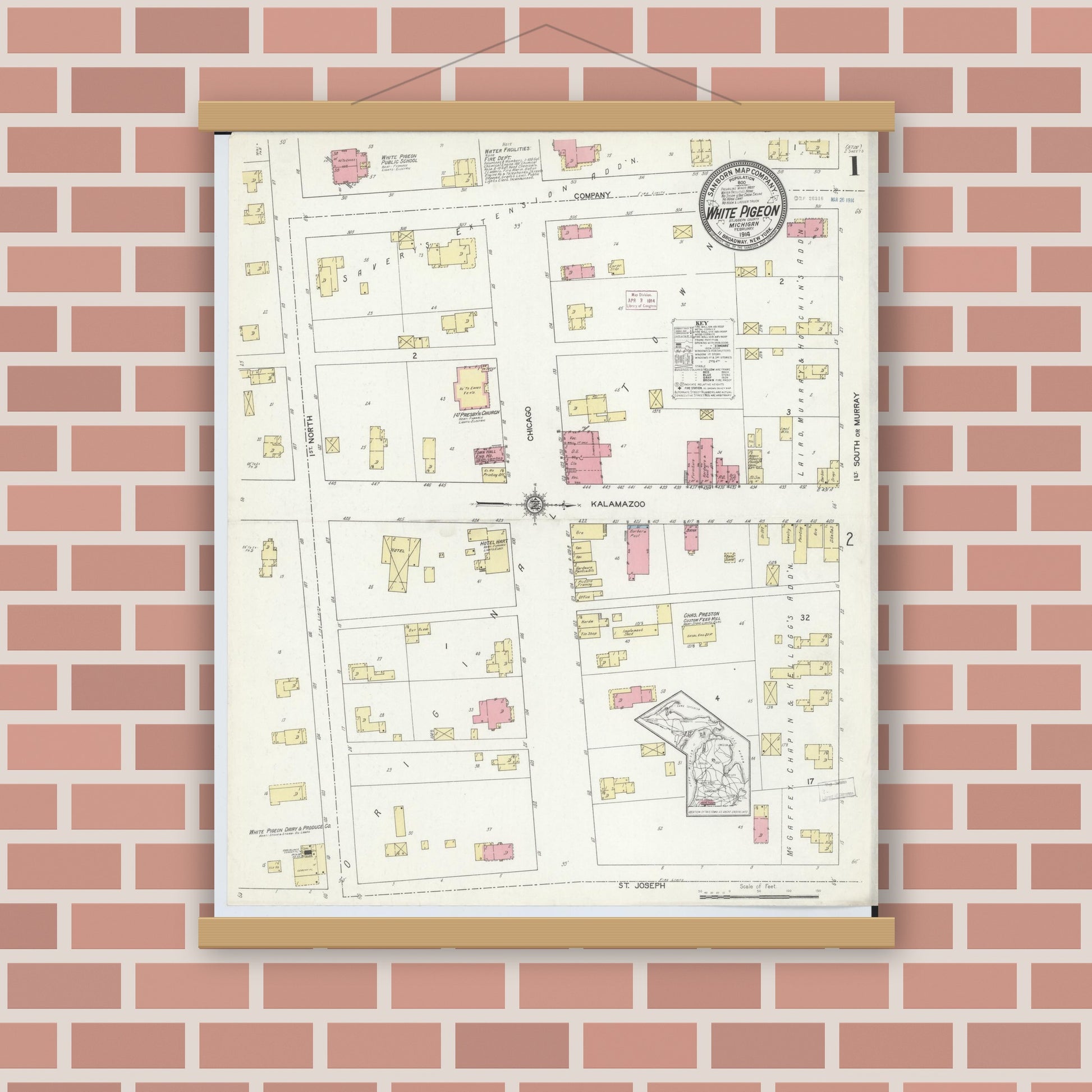 Old map wall art mockup — magnetic wood frame on brick wall — Sanborn Fire Insurance Map from White Pigeon, Saint Joseph County, Michigan (1914) - Complete Map Set