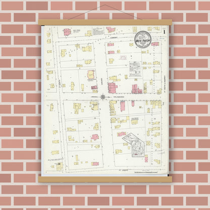 Old map wall art mockup — magnetic wood frame on brick wall — Sanborn Fire Insurance Map from White Pigeon, Saint Joseph County, Michigan (1914) - Complete Map Set