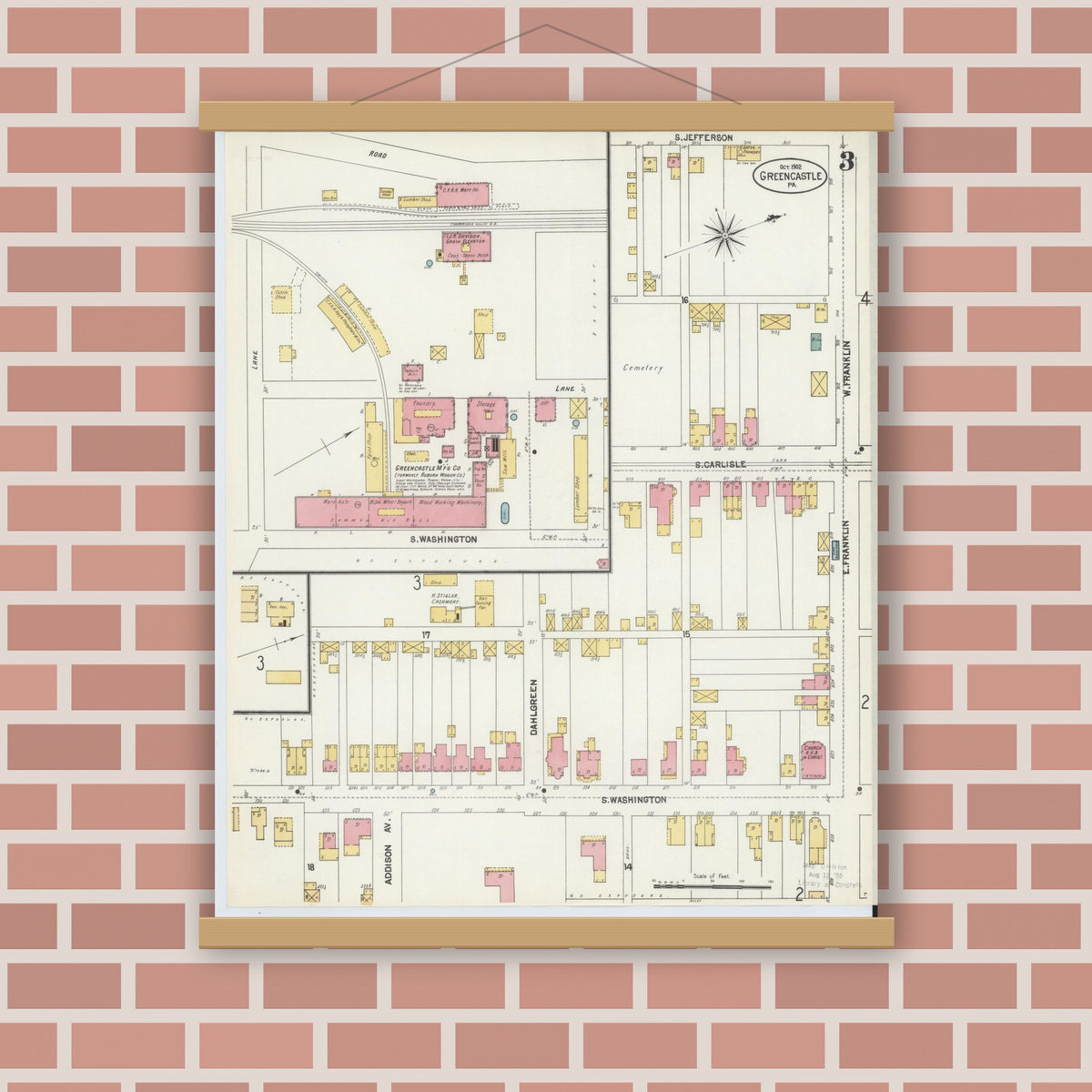 Old map wall art mockup — magnetic wood frame on brick wall — Sanborn Fire Insurance Map from Greencastle, Franklin County, Pennsylvania (1902), Sheet #0003