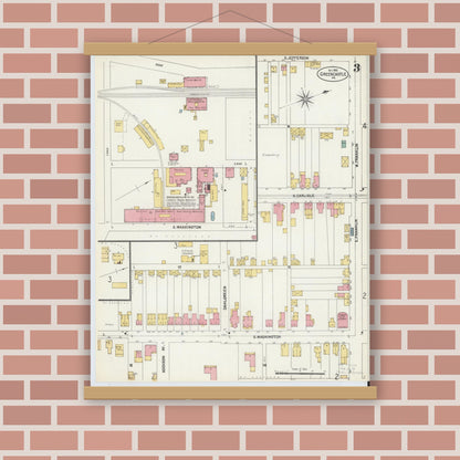 Old map wall art mockup — magnetic wood frame on brick wall — Sanborn Fire Insurance Map from Greencastle, Franklin County, Pennsylvania (1902), Sheet #0003