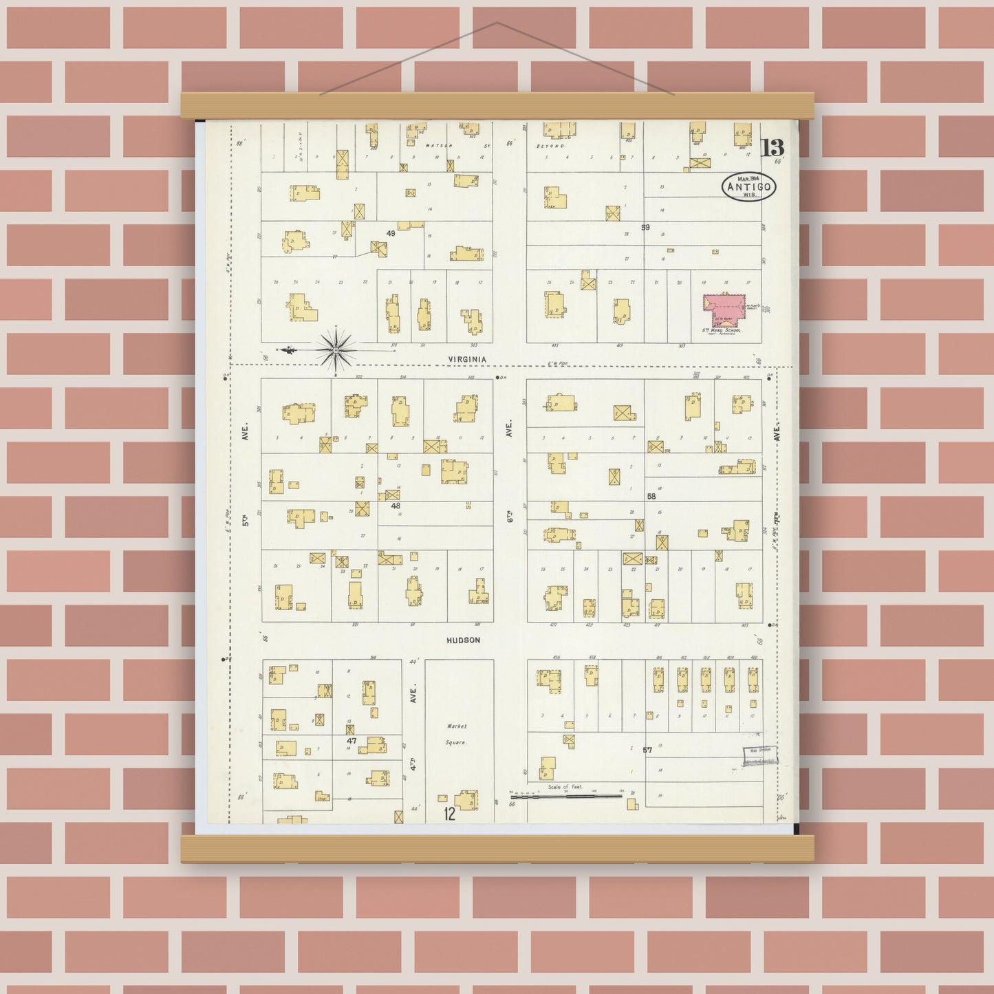 Old map wall art mockup — magnetic wood frame on brick wall — Sanborn Fire Insurance Map from Antigo, Langlade County, Wisconsin (1904), Sheet #0013