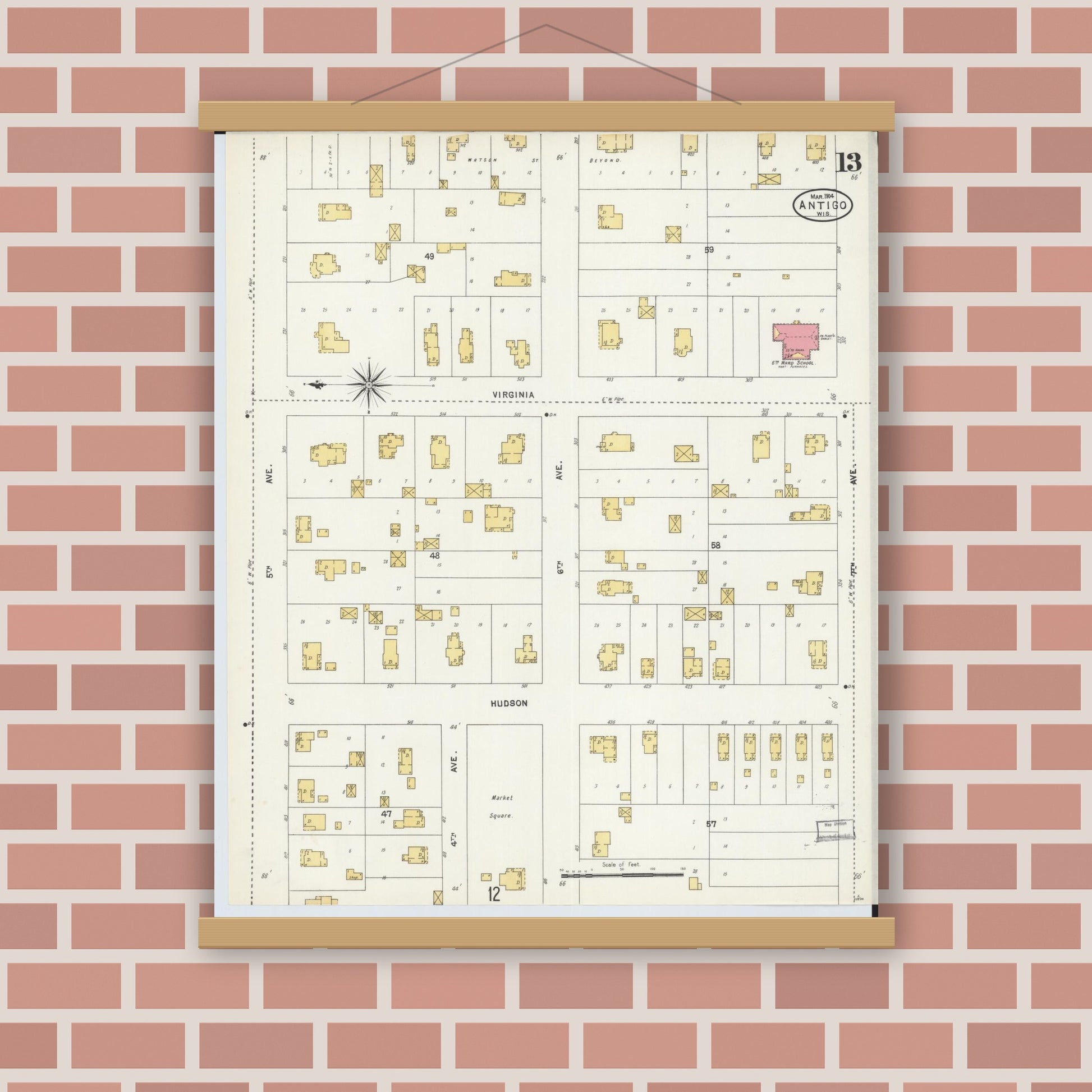 Old map wall art mockup — magnetic wood frame on brick wall — Sanborn Fire Insurance Map from Antigo, Langlade County, Wisconsin (1904), Sheet #0013