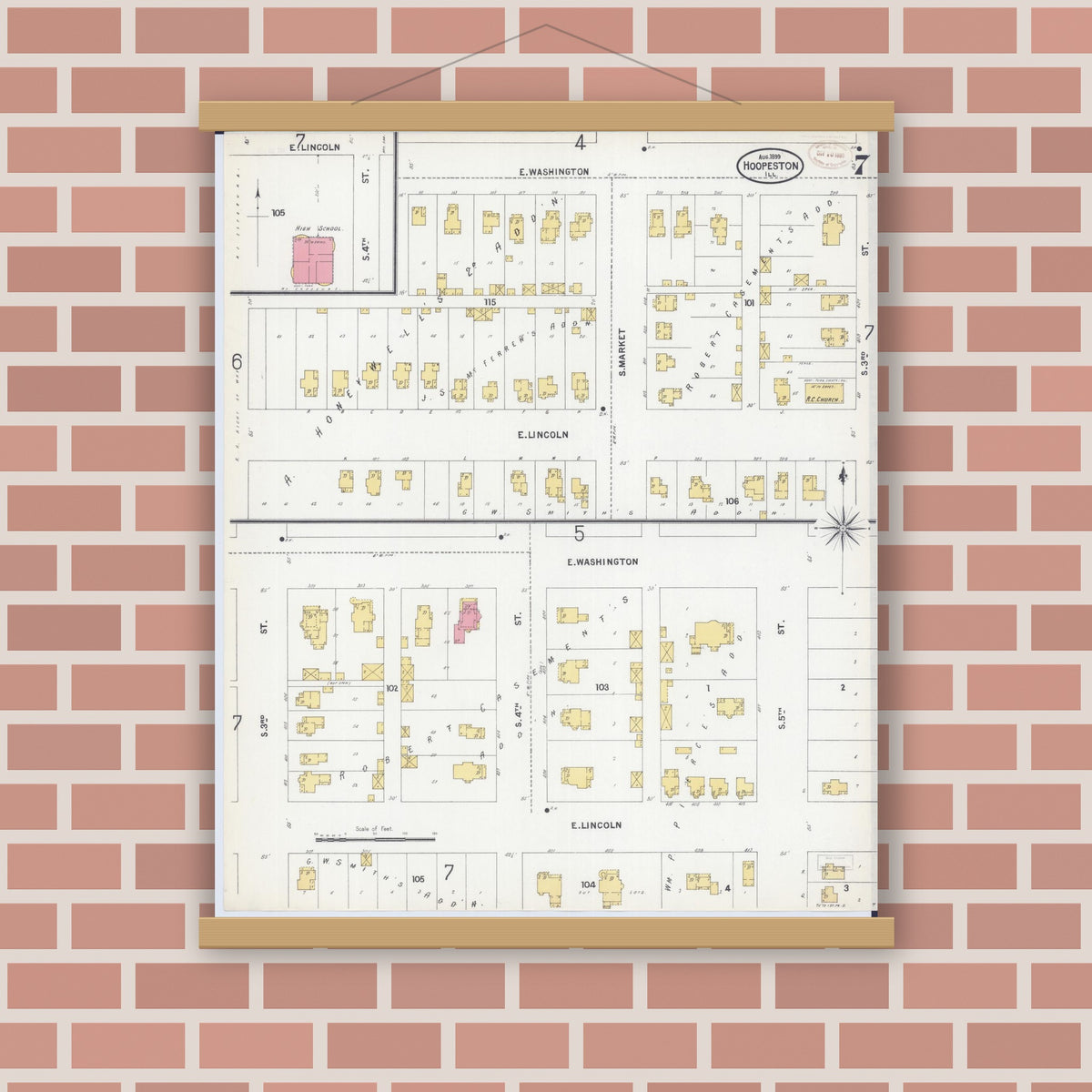 Old map wall art mockup — magnetic wood frame on brick wall — Sanborn Fire Insurance Map from Hoopeston, Vermilion County, Illinois (1899), Sheet #0007