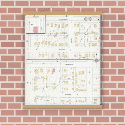 Old map wall art mockup — magnetic wood frame on brick wall — Sanborn Fire Insurance Map from Hoopeston, Vermilion County, Illinois (1899), Sheet #0007