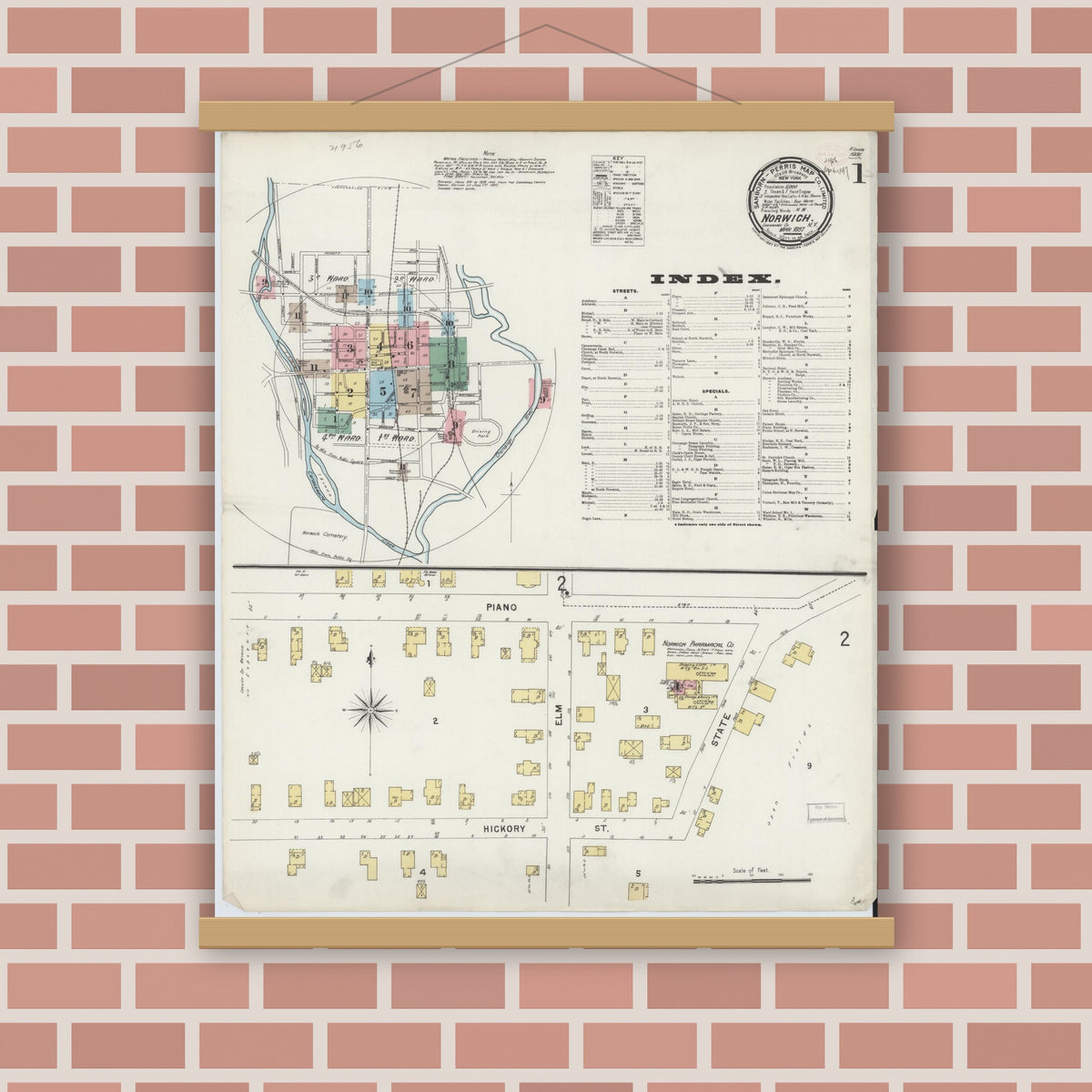 Old map wall art mockup — magnetic wood frame on brick wall — Sanborn Fire Insurance Map from Norwich, Chenango County, New York (1897), Sheet #0001