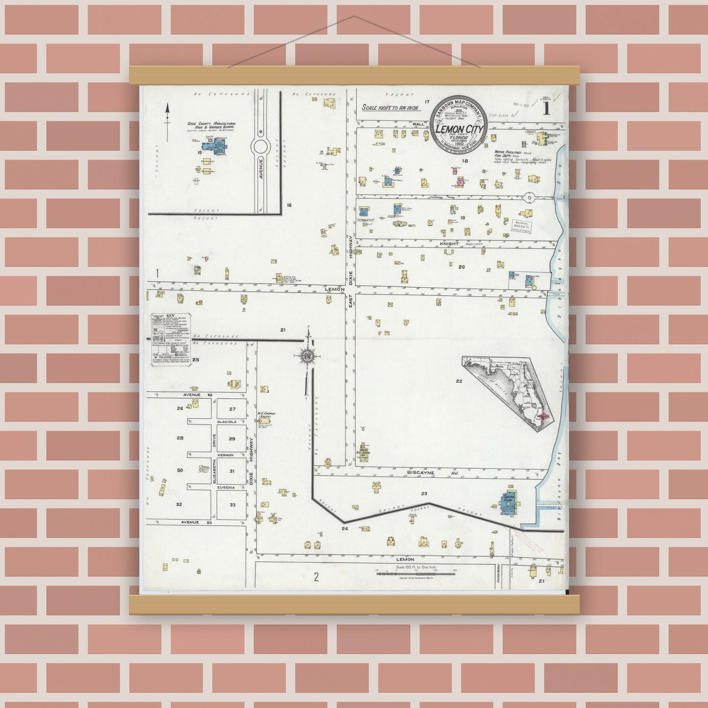 Old map wall art mockup — magnetic wood frame on brick wall — Sanborn Fire Insurance Map from Lemon City, Dade County, Florida (1920) - Complete Map Set