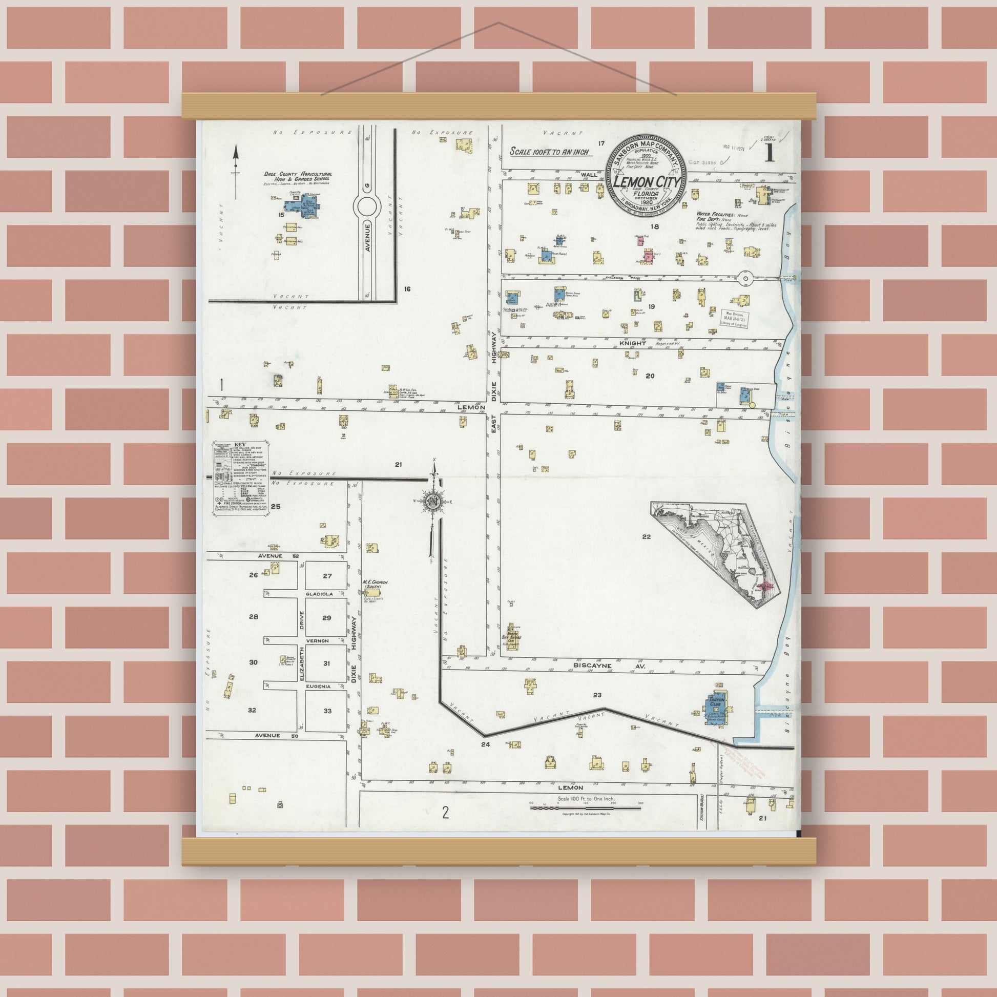 Old map wall art mockup — magnetic wood frame on brick wall — Sanborn Fire Insurance Map from Lemon City, Dade County, Florida (1920) - Complete Map Set